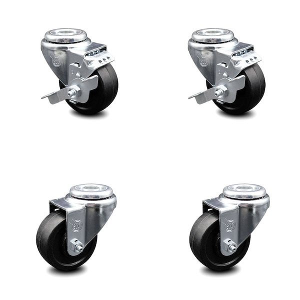 3 Inch Soft Rubber Wheel Swivel Bolt Hole Caster Set with 2 Brake